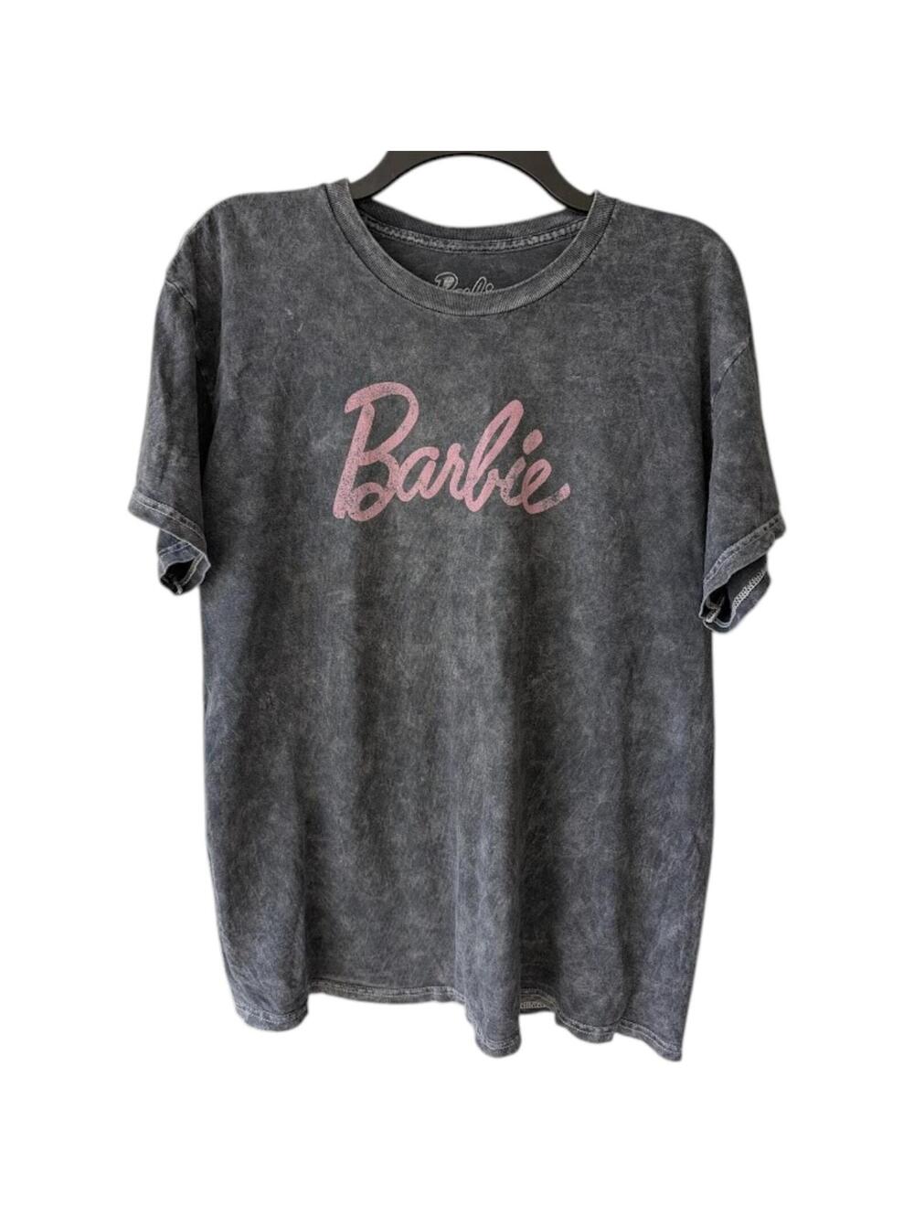 Barbie Shirt Large Acid Wash Dark Gray Pink Graphic Tee Retro 90s Logo Tie Dye